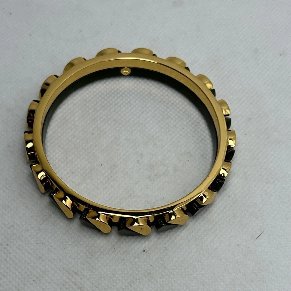 Tory Burch Gold & Dark Green Half-Moon Studded Bangle Bracelet - 2.5” EUC
